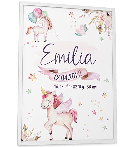 Papierschmiede® Geburtsbild, Name & Geburtsdaten personalisiert, DIN A3 im Rahmen aus Echtholz (weiß), Geburtsposter, Geburtsanzeige, Baby Geschenk Poster Geburt - Einhorn Lila Rosa Mädchen von Papierschmiede