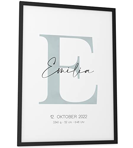 Papierschmiede® Geburtsposter, Name & Geburtsdaten personalisiert, DIN A3 (30x42 cm) Rahmen wählbar, Geburtsposter, Geburtsanzeige, Baby Geschenk Bild Geburt - Jungen Großbuchstabe Blau von Papierschmiede