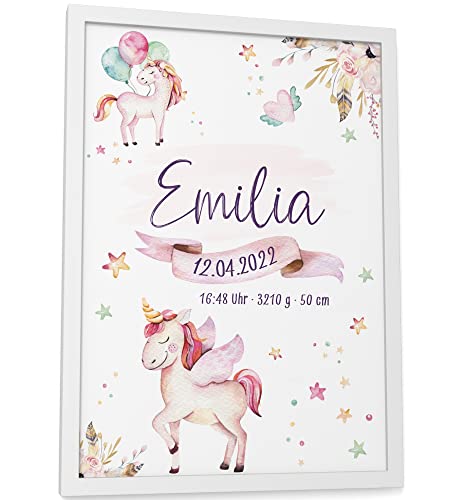 Papierschmiede® Geburtsposter, Name & Geburtsdaten personalisiert, DIN A4 (21x30 cm), Geburtsposter, Geburtsanzeige, Baby Geschenk Bild Geburt - ohne Rahmen - Einhorn Lila Rosa Mädchen von Papierschmiede