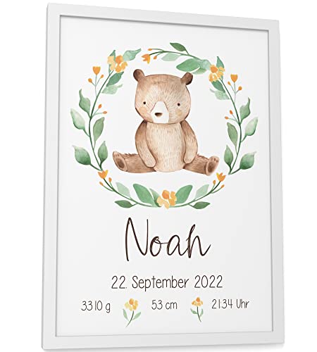 Papierschmiede® Geburtsposter, Name & Geburtsdaten personalisiert, DIN A4 (21x30 cm), Geburtsposter, Geburtsanzeige, Baby Geschenk Bild Geburt - ohne Rahmen - Teddy Kranz Jungen Mädchen von Papierschmiede