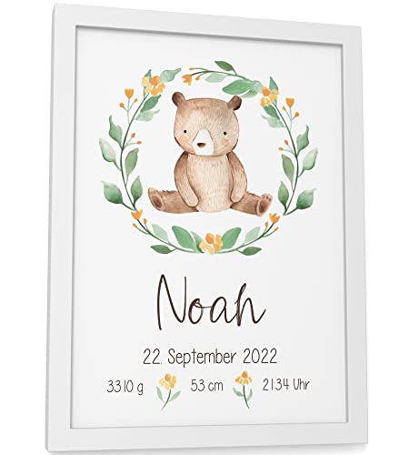 Papierschmiede® Geburtsposter, Name & Geburtsdaten personalisiert, DIN A5 (14,8x21 cm), Geburtsposter, Geburtsanzeige, Baby Geschenk Bild Geburt - ohne Rahmen - Teddy Kranz Jungen Mädchen von Papierschmiede