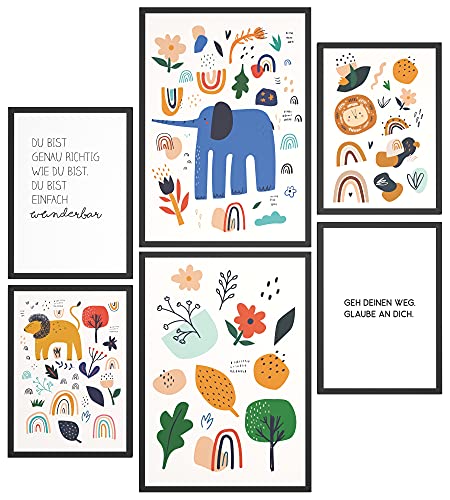 Papierschmiede® Bilder Kinderzimmer Kids Mood Poster Set Bunte Tierwelt, Kinderzimmer Bilder Babyzimmer Deko, 2x DIN A4 und 4x DIN A5, Elefant Blumen Löwe - Kinderposter ohne Rahmen von Papierschmiede