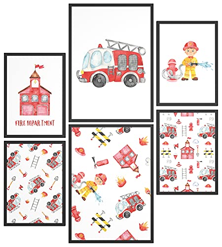 Papierschmiede® Bilder Kinderzimmer Kids Mood Poster Set Feuerwehr, Kinderzimmer Bilder Babyzimmer Deko, 2x DIN A4 und 4x DIN A5, Feuerwehrauto Löschen - Kinderposter ohne Rahmen von Papierschmiede