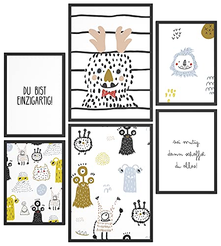 Papierschmiede® Bilder Kinderzimmer Kids Mood Poster Set Happy Monster, Kinderzimmer Bilder Babyzimmer Deko, 2x DIN A3 und 4x DIN A4, Du bist einzigartig - Kinderposter ohne Rahmen von Papierschmiede