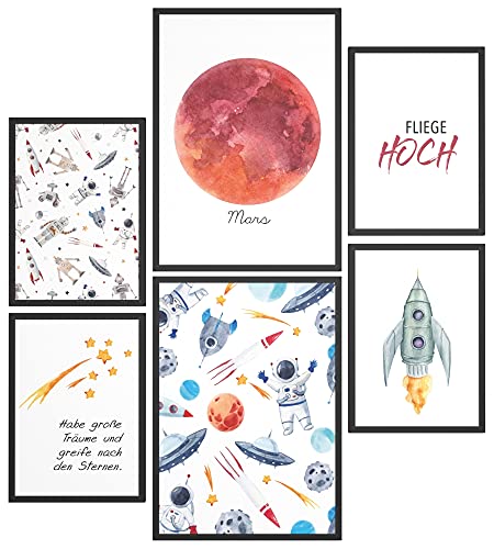 Papierschmiede® Bilder Kinderzimmer Kids Mood Poster Set Weltraum, Kinderzimmer Bilder Babyzimmer Deko, 2x DIN A3 und 4x DIN A4, Mars Rakete Astronaut - Kinderposter ohne Rahmen von Papierschmiede