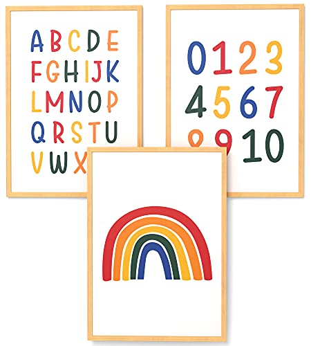 Papierschmiede® Kinderbilder 3er Set Lernposter, A3 gerahmt in Holzrahmen (Natur), Geschenk für Mädchen & Jungen Kinderzimmer, Alphabet Buchstaben, ABC Zahlen Regenbogen bunt von Papierschmiede