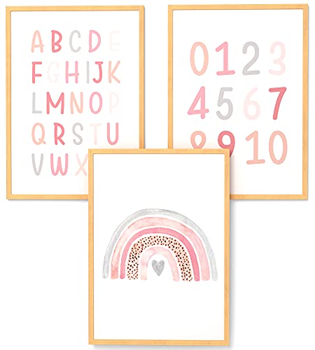 Papierschmiede® Kinderbilder 3er Set Lernposter, A4 gerahmt in Holzrahmen (Natur), Geschenk für Mädchen Kinderzimmer Vorschule| Alphabet Buchstaben, ABC Zahlen Regenbogen rosa von Papierschmiede