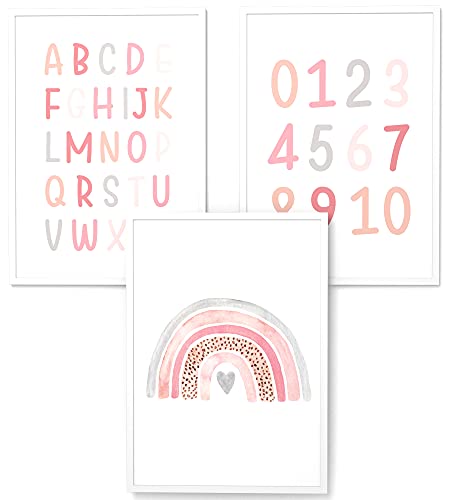 Papierschmiede® Kinderbilder 3er Set Lernposter, A4 gerahmt in Holzrahmen (weiß), Geschenk für Mädchen Kinderzimmer Vorschule| Alphabet Buchstaben, ABC Zahlen Regenbogen rosa von Papierschmiede