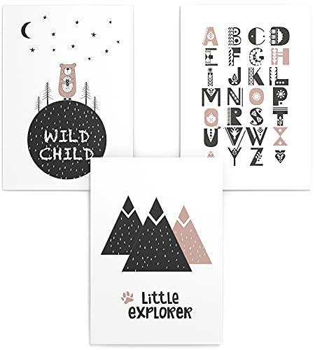 Papierschmiede® Kinderposter 3er Set, DIN A4 (21x30 cm) Wanddeko, Geschenk für Jungen & Mädchen Kinderzimmer Babyzimmer, ABC - Wildchild von Papierschmiede