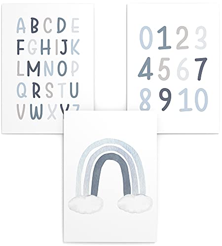 Papierschmiede® Kinderposter 3er Set Lernposter, 30x40 cm Wanddeko, Geschenk für Jungen Kinderzimmer Vorschule, Alphabet Buchstaben, ABC Zahlen Regenbogen blau von Papierschmiede