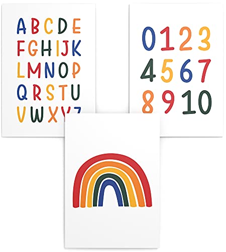 Papierschmiede® Kinderposter 3er Set Lernposter, DIN A3 (30x42 cm) Wanddeko, Geschenk für Mädchen & Jungen Kinderzimmer, Alphabet Buchstaben, ABC Zahlen Regenbogen bunt von Papierschmiede