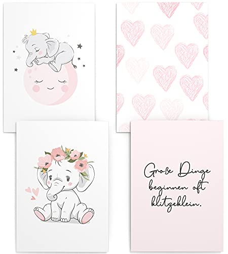 Papierschmiede® Kinderposter 4er Set, DIN A3 (30x42 cm) Wanddeko, Geschenk für Mädchen Kinderzimmer Babyzimmer, rosa Herzen, Baby Elephant von Papierschmiede