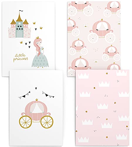 Papierschmiede® Kinderposter 4er Set, DIN A4 (21x30 cm) Wanddeko, Geschenk für Mädchen Kinderzimmer Babyzimmer, rosa Schloss Kutsche Krone, Little Princess von Papierschmiede