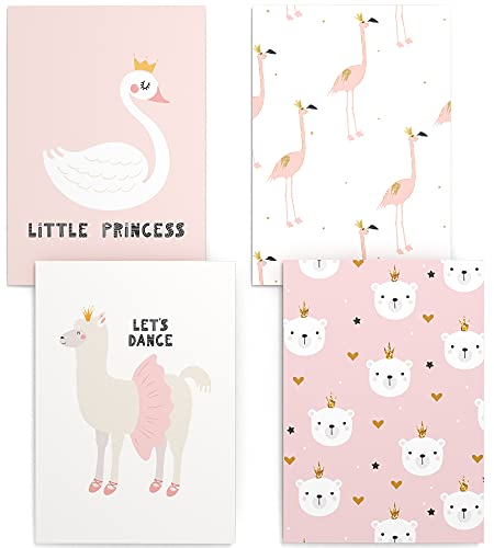 Papierschmiede® Kinderposter 4er Set, DIN A4 (21x30 cm) Wanddeko, Geschenk für Mädchen Kinderzimmer Babyzimmer, rosa Tiere Schwan Flamingo Lama, Princess Animals von Papierschmiede