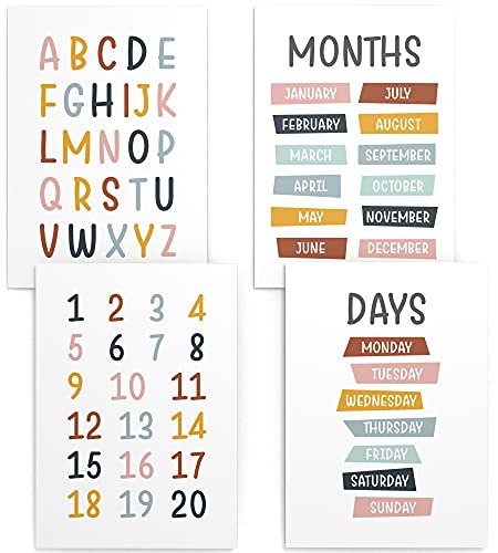 Papierschmiede® Kinderposter 4er Set Lernposter Englisch, 40x60 cm Wanddeko, Geschenk für Mädchen & Jungen Kinderzimmer, bunte Buchstaben Zahlen Wochentage Monate, ABC Days Months von Papierschmiede