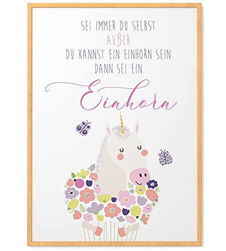 Papierschmiede® Kinderposter in A3 gerahmt im Natur-Holzrahmen, Wanddeko für Kinderzimmer, Babyzimmer oder Spielecke, Wandbild Geschenk für Mädchen, Einhorn - Sei immer du selbst von Papierschmiede