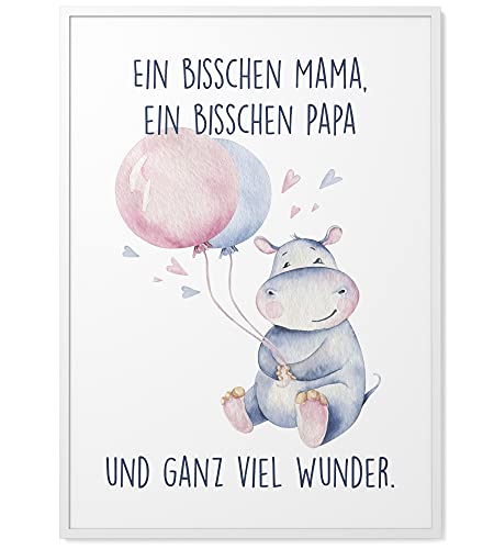 Papierschmiede® Kinderposter in A4 gerahmt im weißen Holzrahmen, Wanddeko für Kinderzimmer, Babyzimmer oder Spielecke, Wandbild Geschenk für Mädchen & Jungen, Mama Papa Wunder von Papierschmiede