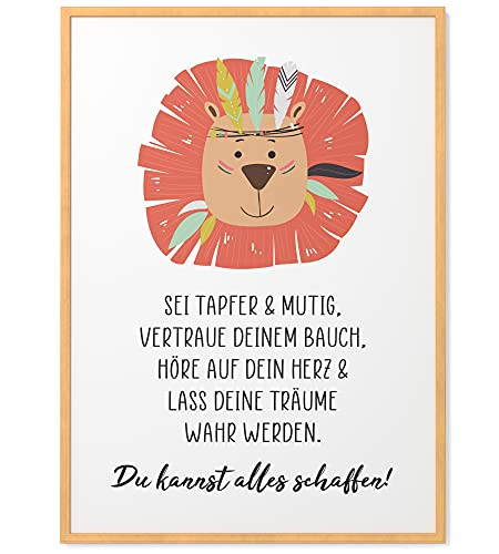 Papierschmiede® Kinderposter in A4 gerahmt in Natur-Holzrahmen, Wanddeko für Kinderzimmer, Babyzimmer oder Spielecke, Wandbild Geschenk für Mädchen, Jungen und Löwen, Sei Tapfer und Mutig von Papierschmiede