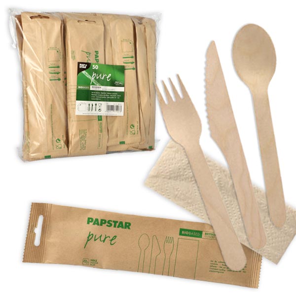 50 Bestecksets aus Holz, einzeln verpackt von Papstar