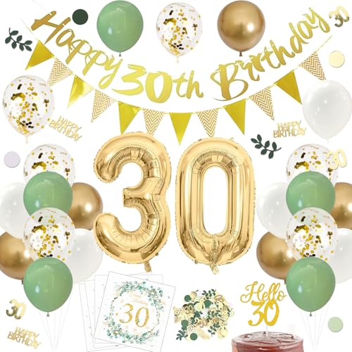 ParPix 30 Geburtstag Frauen Männer Deko Set, Girlande 30 Geburtstag Deko, Luftballons Deko 30 Geburtstag Mann Frau Grün Gold, Konfetti Servietten 30. Geburtstag Deko, Folienballons Geburtstagsdeko 30 von ParPix