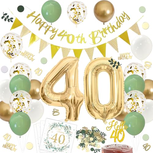 ParPix 40 Geburtstag Frauen Männer Deko Set, Girlande 40 Geburtstag Deko, Luftballons Deko 40 Geburtstag Mann Frau Grün Gold, Konfetti Servietten 40. Geburtstag Deko, Folienballons Geburtstagsdeko 40 von ParPix