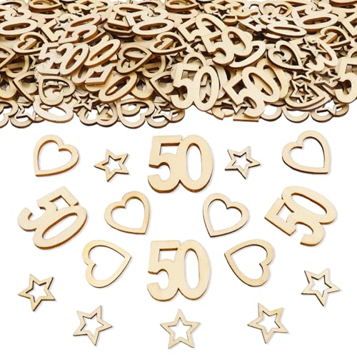 ParPix 150 Stück Holz 50 Geburtstag Deko Konfetti, Holzherz Stern Streudeko 50. Geburtstag Deko, 3cm Confetti Deko 50 Geburtstag Frau Mann, Tischdeko 50 Geburtstag Frau, Goldene Hochzeit Konfetti von ParPix