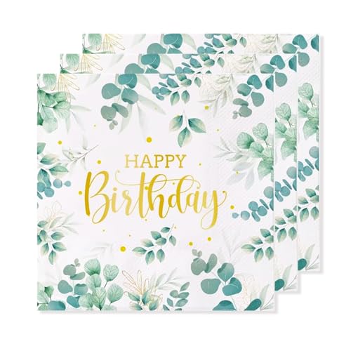 ParPix 20 Stück Eukalyptus Servietten Geburtstag, 33x33cm Grüne Servietten Happy Birthday, Eukalyptus Happy Birthday Servietten Frau Mann, Tischdeko Geburtstag Papierservietten, Servietten Babyparty von ParPix