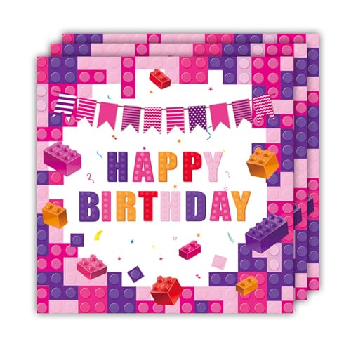 ParPix 20 Stück Lila Baustein Happy Birthday Servietten, 33x33cm Baustein Servietten Kindergeburtstag,Bausteine Servietten Geburtstag Kinder,Baustein Party Papierservietten,Geburtstag Deko Servietten von ParPix