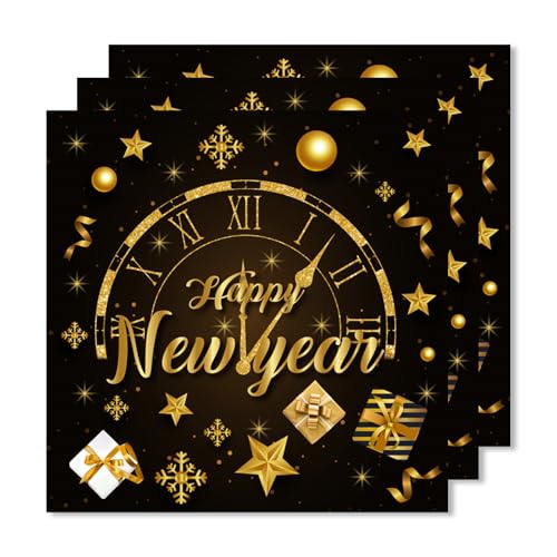 ParPix 20 Stück Happy New Year Servietten, 33x33cm Servietten Silvester, Silvester Tischdeko Papierservietten, Schwarz Gold Silvester Deko 2025 Servietten,Silvesterdeko Neujahr Party Papierservietten von ParPix