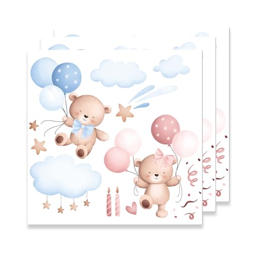 ParPix 20 Stück Baby Bär Servietten Babyparty, 33x33 cm Servietten 1. Geburtstag Junge Mädchen, Baby Shower Deko Papierservietten, Rosa Blaue Bär Baby Servietten, Servietten Taufe,Babyparty Servietten von ParPix