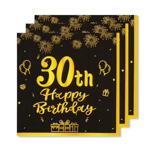 ParPix 20 Stück Servietten 30. Geburtstag Deko, 33x33cm Schwarz Gold 30 Geburtstag Servietten, Servietten 30 Geburtstag Frau Mann,30 Geburtstag Tischdeko Papierservietten,Deko 30 Geburtstag Servietten von ParPix