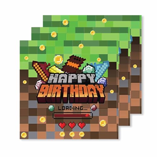 ParPix 20 Stück Pixelmotiv Happy Birthday Servietten, Pixel Servietten Kindergeburtstag, Servietten Geburtstag Mädchen Jungen, Pixel Kinder Geburtstag Servietten, Mine Gamer Servietten Happy Birthday von ParPix