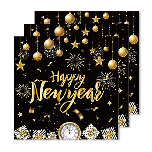 ParPix 20 Stück Silvester Deko 2025 Servietten, 33x33cm Happy New Year Deko Papierservietten, Silvester Tischdeko Servietten, Gold Schwarz Silvester Servietten, Feuerwerk Servietten Silvester von ParPix