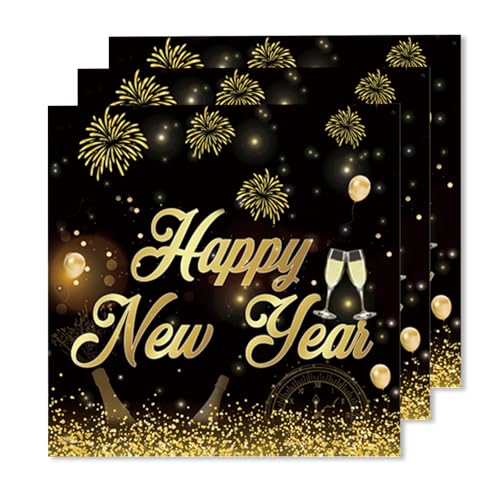 ParPix 20 Stück Silvester Servietten, 33x33cm Happy New Year Papierservietten, Servietten Silvester Tischdeko, Servietten Schwarz Gold Silvester Deko 2025,Silvesterdeko Neujahr Party Papierservietten von ParPix