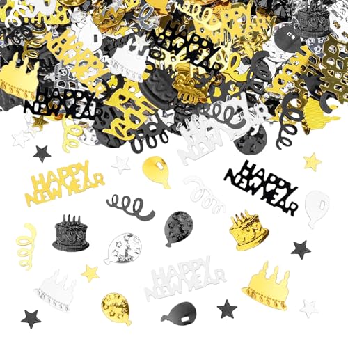 ParPix Streudeko Konfetti Silvester Deko 2025, Glitzer Silvester Konfetti Gold Schwarz Silber, Silvester Tischdeko, Happy New Year Deko, Confetti Weihnachten Deko Neujahrsdeko Silvester Party Deko von ParPix