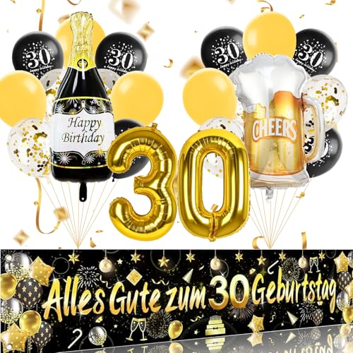 ParPix 30 Geburtstag Deko Schwarz Gold Set, Banner 30 Geburtstag Männer Frauen Deko, 22 Stk Deko 30 Geburtstag Frau Mann, Luftballons 30. Geburtstag Deko,Zahlen Luftballon 30, Geburtstagsdeko 30 Jahre von ParPix