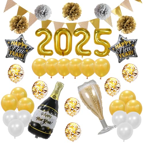 ParPix 35 Stk Luftballons Silvester Deko 2025 Party Set,Deko Silvester Ballons,Happy New Year Deko Neujahr Ballon,Folienballon Silvester Dekoration,Silvester Party Deko Luftballon Pompons Girlande Set von ParPix