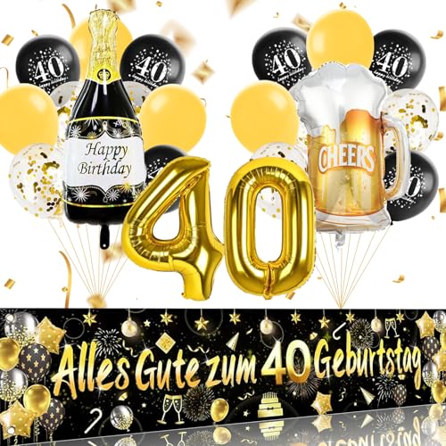 ParPix 40 Geburtstag Deko Schwarz Gold Set, Banner 40 Geburtstag Männer Frauen Deko, 22 Stk Deko 40 Geburtstag Frau Mann, Luftballons 40. Geburtstag Deko,Zahlen Luftballon 40, Geburtstagsdeko 40 Jahre von ParPix