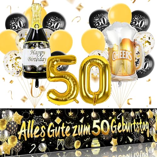 ParPix 50 Geburtstag Deko Set, 50 Geburtstag Mann Frau Deko, Deko 50. Geburtstag Mann Banner,Luftballons 50. Geburtstag Deko Schwarz Gold,Deko 50 Geburtstag Frau,Zahlen Luftballon 50 Geburtstagsdeko von ParPix