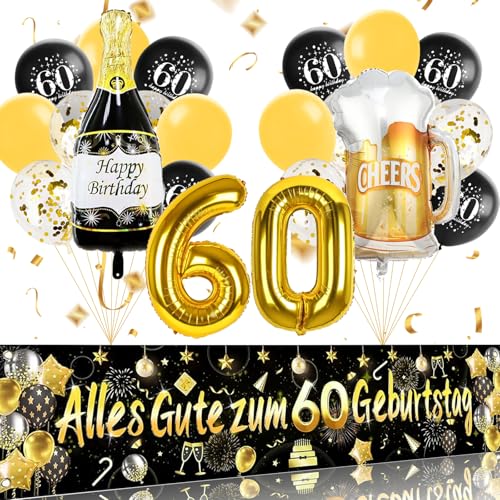 ParPix 60 Geburtstag Deko Set, 60 Geburtstag Mann Frau Deko, Deko 60. Geburtstag Mann Banner,Luftballons 60. Geburtstag Deko Schwarz Gold,Deko 60 Geburtstag Frau,Zahlen Luftballon 60 Geburtstagsdeko von ParPix