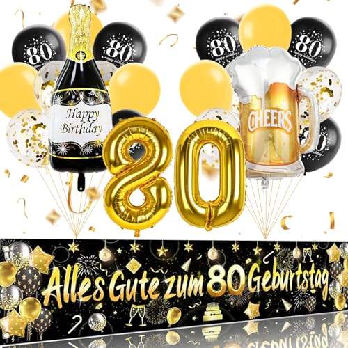 ParPix 80 Geburtstag Deko Set, 80 Geburtstag Mann Frau Deko, Deko 80. Geburtstag Mann Banner,Luftballons 80. Geburtstag Deko Schwarz Gold,Deko 80 Geburtstag Frau,Zahlen Luftballon 80 Geburtstagsdeko von ParPix