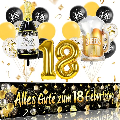 ParPix Deko 18. Geburtstag Junge Mädchen, 22 Stück Banner 18 Geburtstag Deko Set, Luftballons 18. Geburtstag Deko Schwarz Gold, Zahlen Luftballon 18 für 18 Geburtstag Mädchen,18. Geburtstag Junge Deko von ParPix