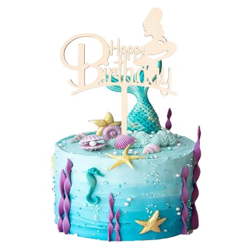 ParPix Holz Meerjungfrau Tortendeko, Happy Birthday Tortendeko Meerjungfrau, Meerjungfrau Geburtstag Deko, Wiederverwendbarcake Meerjungfrau Kuchen Deko, Kuchen Deko Meerjungfrau Mädchen Mermaid Party von ParPix