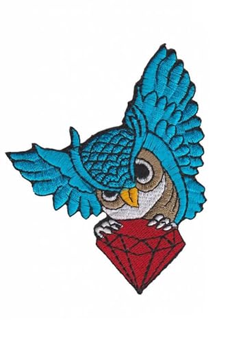 Patch Emblem bestickter Aufnäher zum Aufbügeln - Patch Oldschool - eule owl mit blauem Diamant 95 x 77 mm von Paraserbatoio.it