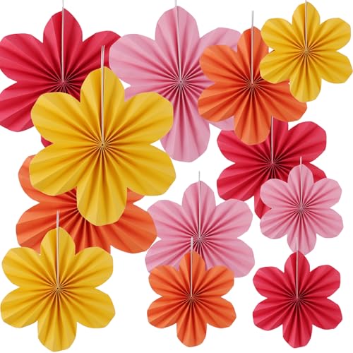 12 Stück Papierfächer zum Aufhängen,Papierblumen Deko Hängend,Papier Blumen Hängende mit Schnur und Pin 20/25/35 cm für Partys, Hochzeiten, Festliche Dekorationen (Rot, Gelb, Rosa, Orange) von Parastar