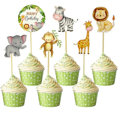 30 Stück Muffin Deko Dschungeltiere Cupcake Deko, Muffin Deko Mädchen Cupcake Topper Tortendeko Dschungel,Muffindecoratie Cupcake Deko Junge,Happy Birthday Kuchendekoration für Kinder von Parastar