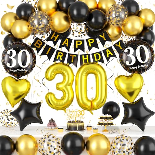 30. Geburtstagdeko, Deko 30. Geburtstag Mann Frauen, Schwarz Gold Luftballons 30 Geburtstag Konfetti Ballons mit 30 Jahre Happy Birthday Banner Tortendeko für Frauen Männer 30. Geburtstag Party Deko von Paready