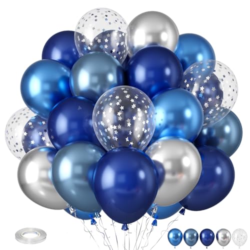 Blau Silber Luftballons, Dunkel Marine Blaue Metallic Luftballon, Metallic Blau Silber Luftballons Silberstern Konfetti Ballons für Geburtstagsfeier Babyparty Blaue-Themen Verlobung Hochzeit von Paready