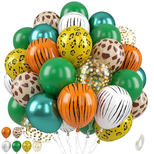 Dschungel Safari Luftballons, 50 Stück Geburtstag Luftballon Tierdruck, 12 Zoll Dunkle Metallic Grün Gold Konfetti Reh Pfote Druck Tigerin Zebra Leopard Ballon für Geburtstag Safari Babyparty Deko von Paready