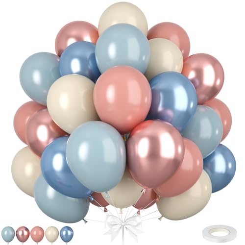 Luftballon Retro Rosa Blau, 50 Stück Staubige Blau Altrosa Luftballons, Metallic Babyblau RoséGold Apricot Ballons für Boho Hochzeit Geburtstag Party Babyparty Gender Reveal Party Dekorationen von Paready